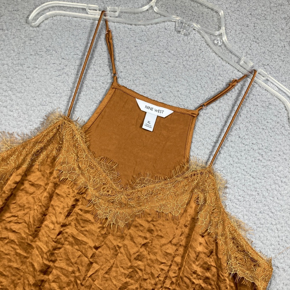 Nine West Camisole Women XL NEW Bronze Lace Trim Crinkle High Neck Halter Top